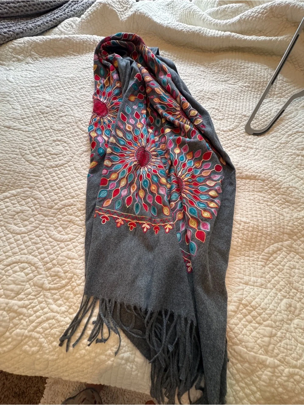 Soft Gray Scarf with Multicolor Sunburst Embroidery patterns like new